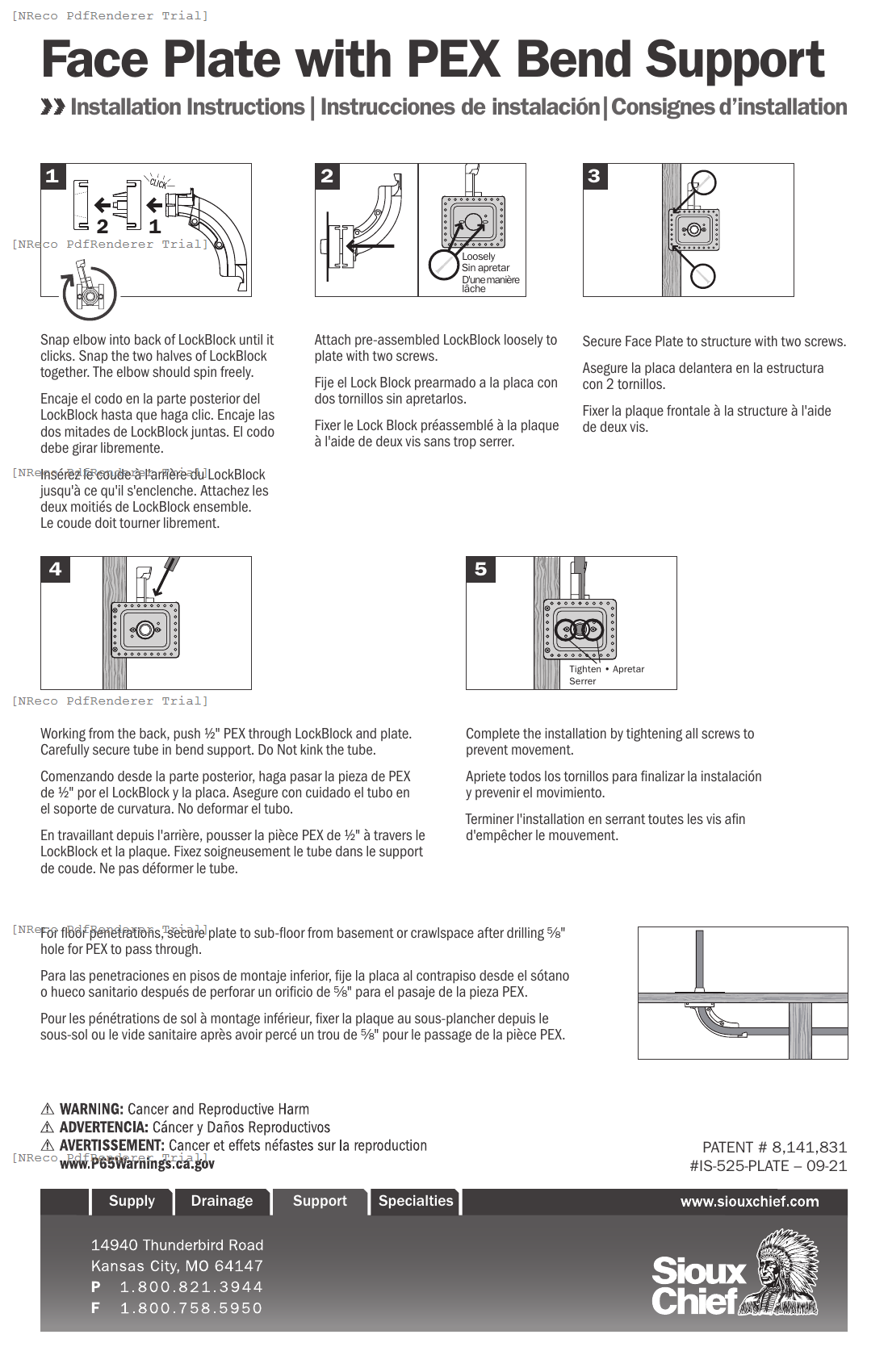 525 SERIES - FACE PLATE WITH PEX BEND SUPPORT - INSTRUCTION SHEET.PDF Technical Document
